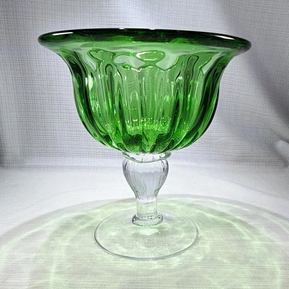 Vtg Green Glass Compote Dish Clear Pedestal Ribbed Centerpiece Bowl (6.75